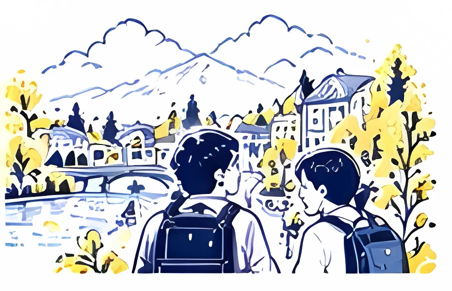 町並みを記録する人々のイラスト
