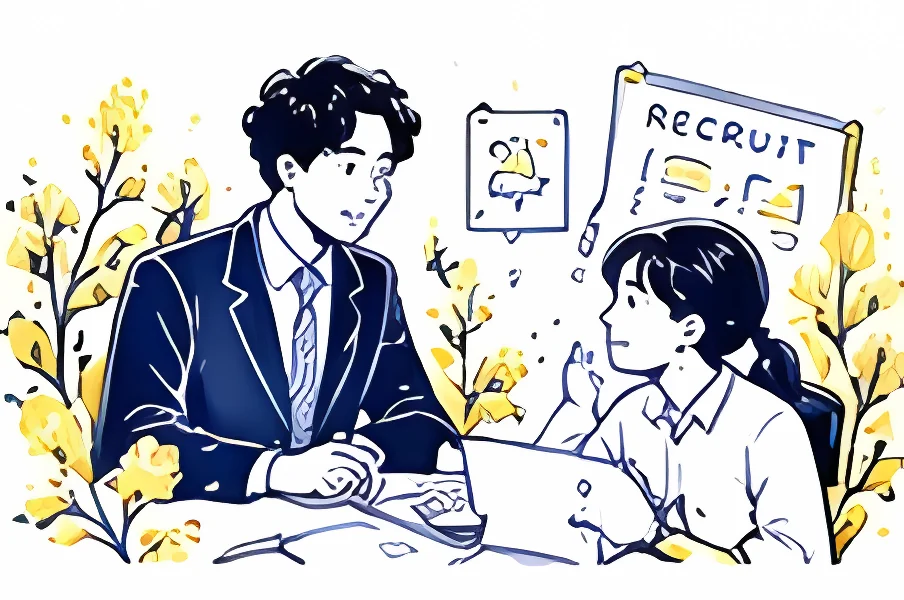採用担当者と若者が求人票を前に話すイラスト