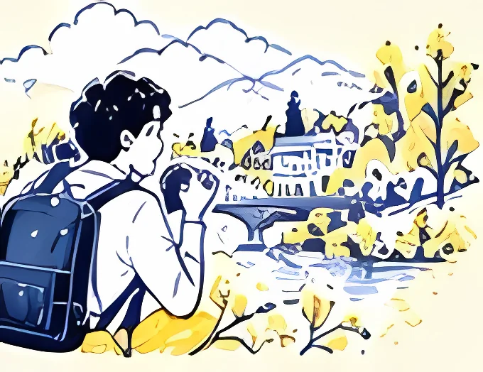 町並みを眺める若者のイラスト