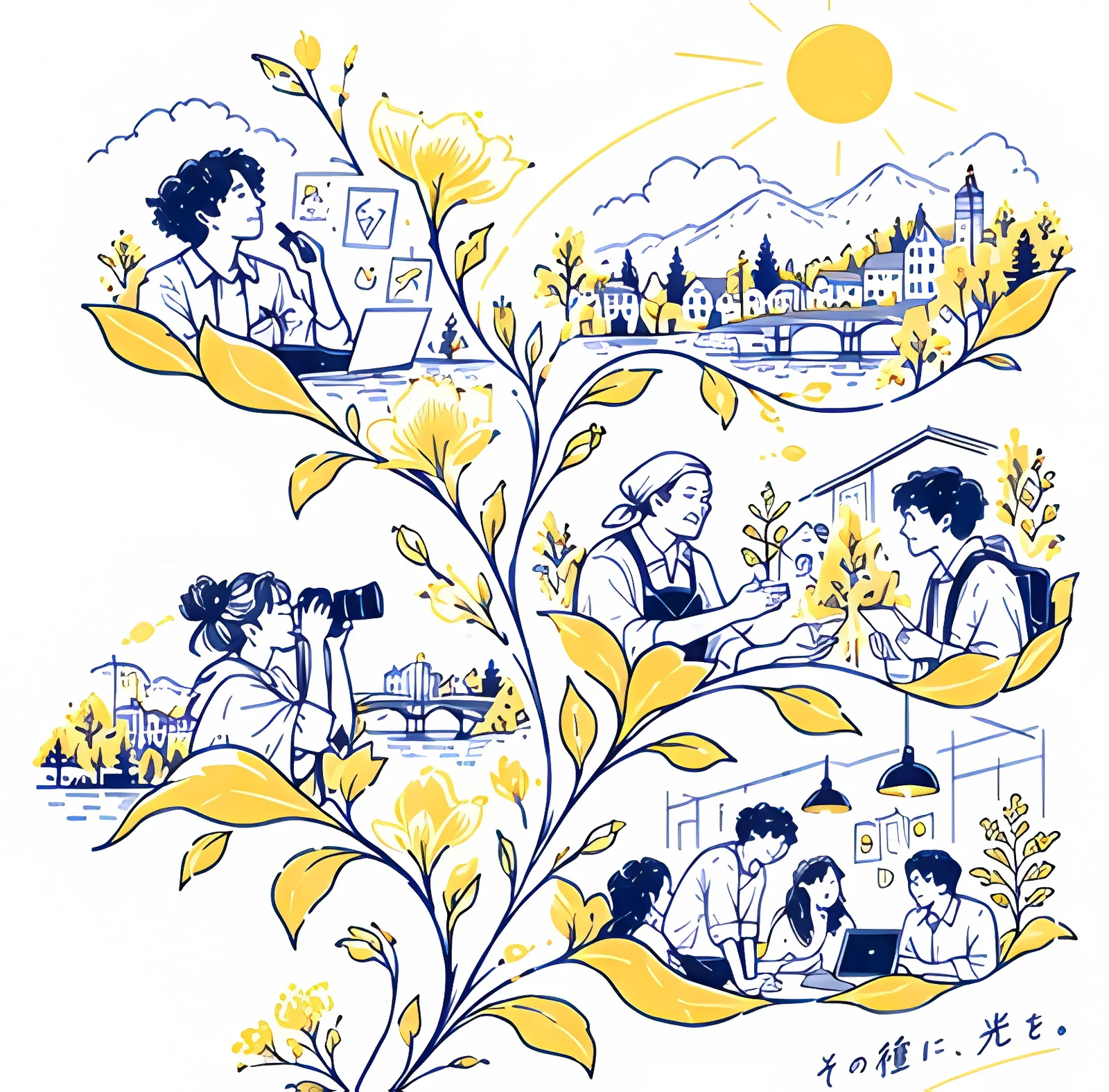 ミモザの枝に、働き語らう若者と地域の町並みが実るイラスト